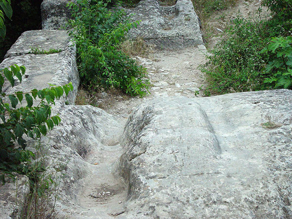 Ancient cart tracks in Roman bridge hidden among the oaks